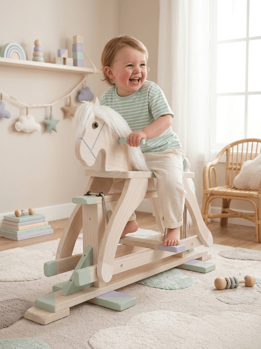 Close-up of a happy toddler on the il Cavallino rocking horse