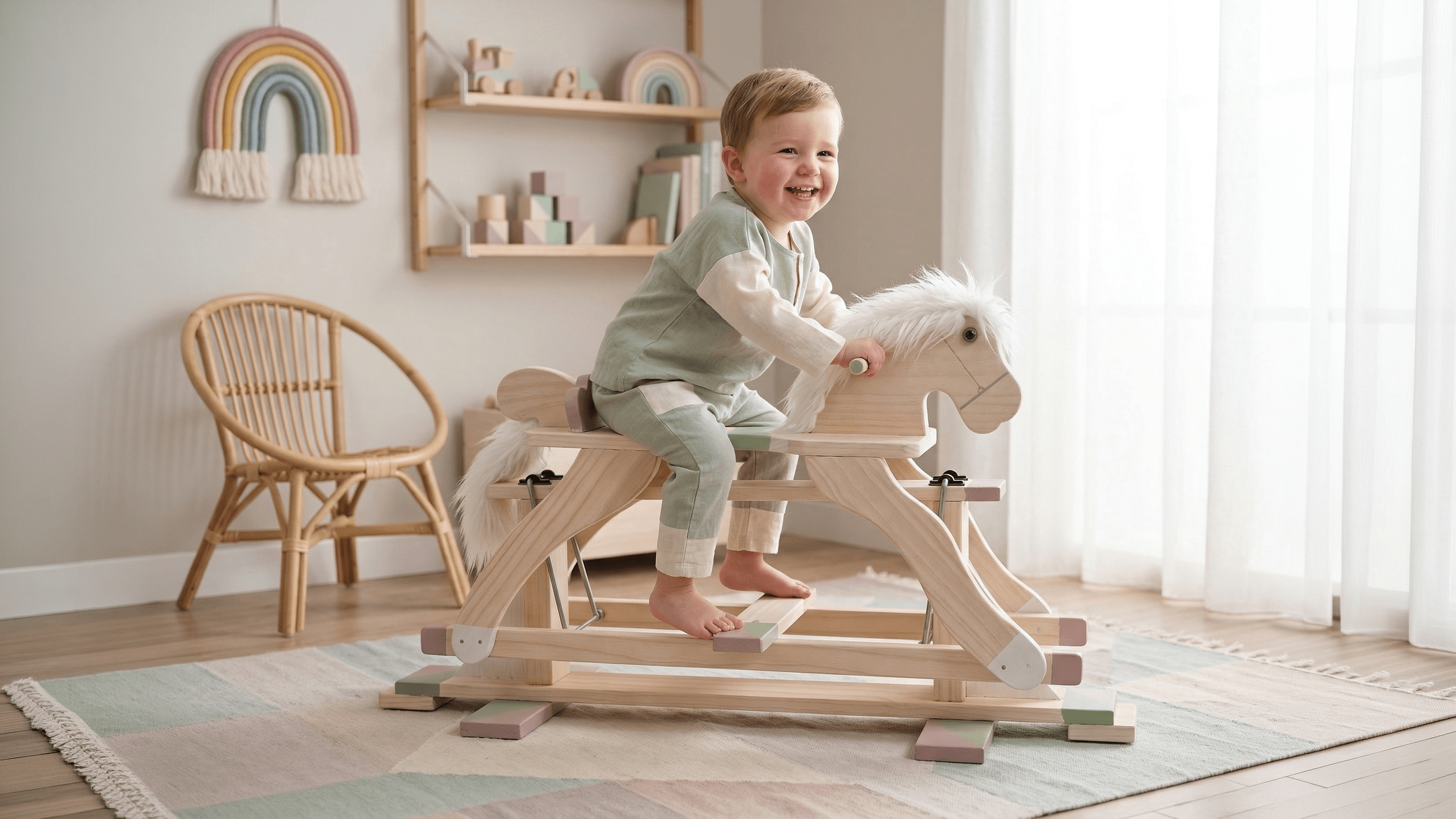 Child playing on rocking horse in a warm nursery