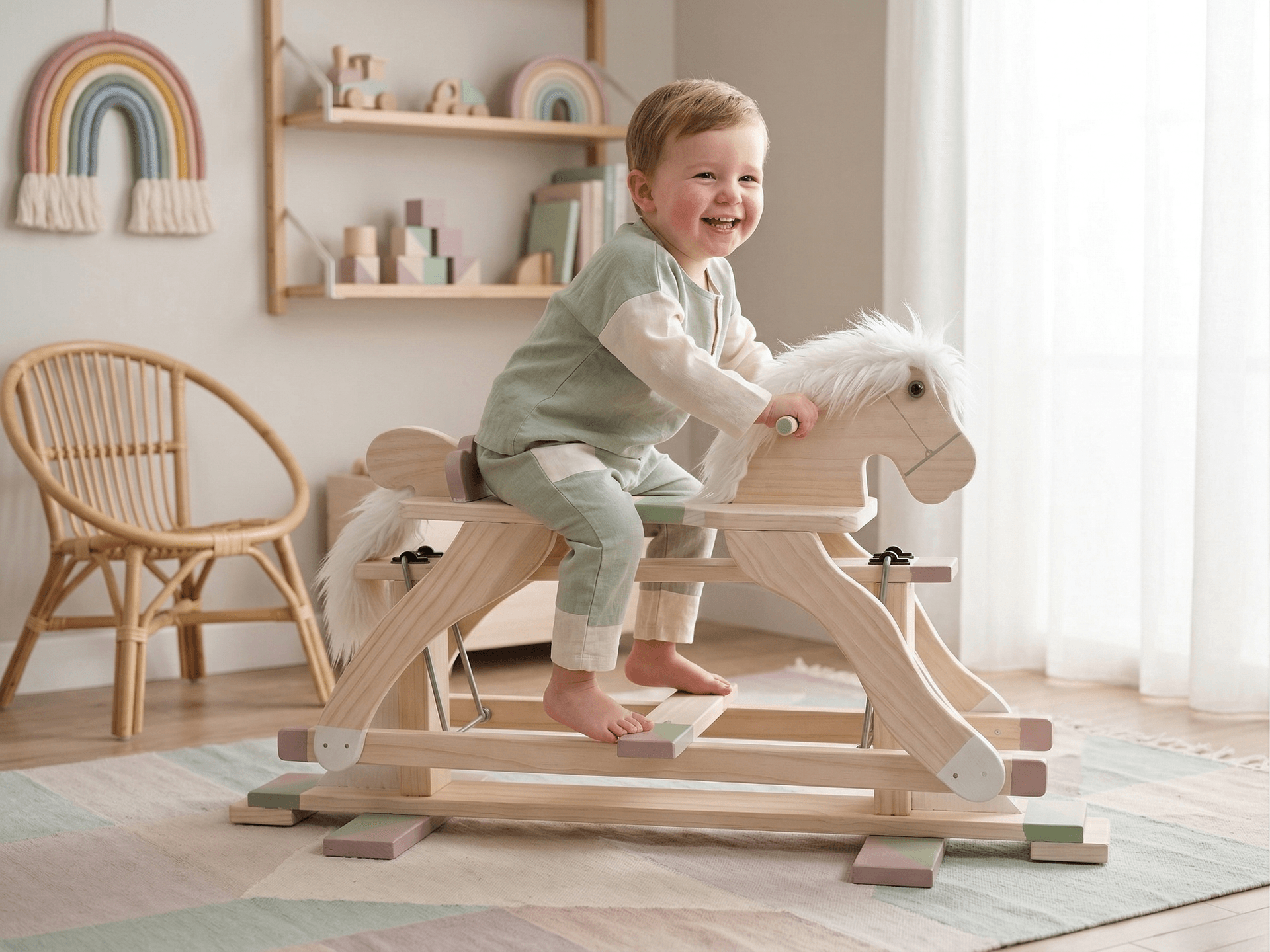 Happy toddler riding the rocking horse in a beautifully decorated nursery